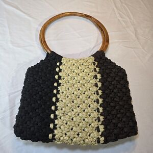 Vintage 70's Hippie Festival Macramé‎  Shoulder Bag Nylon Yarn Faux Wood Handle